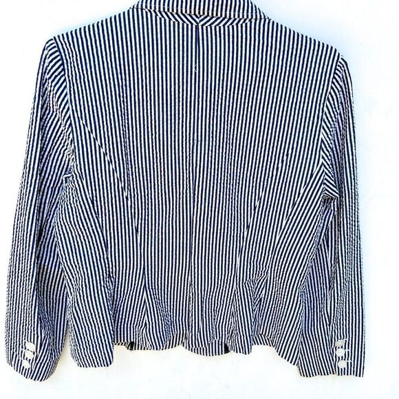 Sandro Navy Blue White Stripped Seersucker Long Sleeve Three Button Blazer - Picture 6 of 9